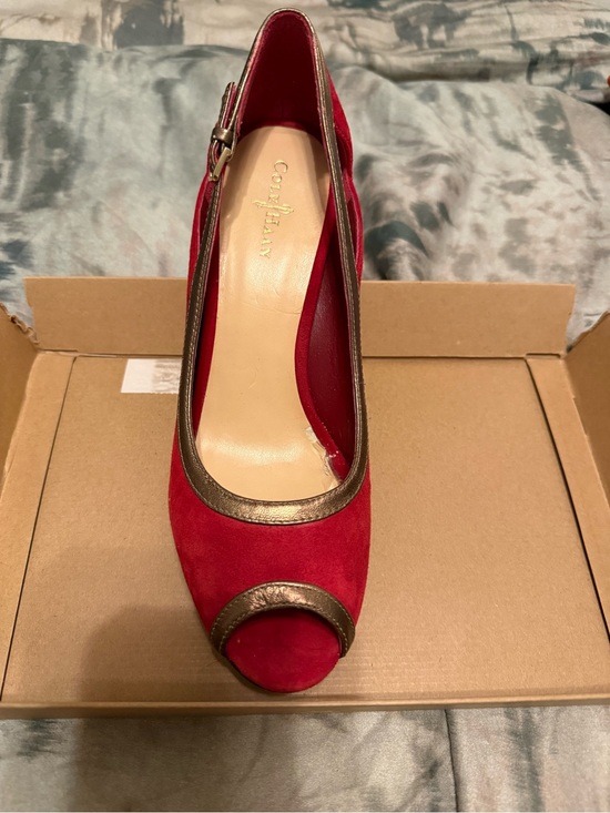 Cole Haan Shoes - Cole Haan Red Suede Peep-Toe Pump with Metallic Trim
